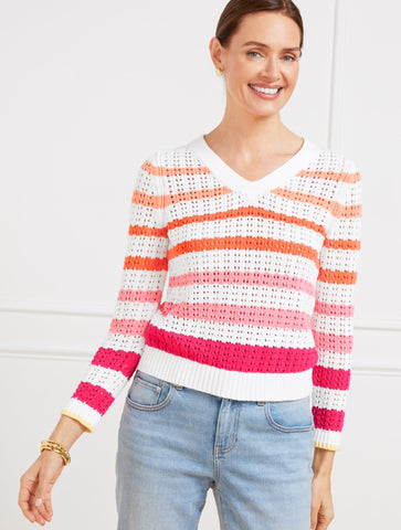Open Stitch V-Neck Pullover - Multi Stripe