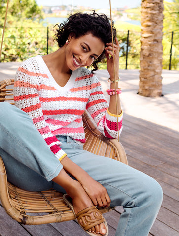Open Stitch V-Neck Pullover - Multi Stripe