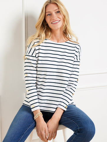Button Sleeve Crewneck Tee - Stripe