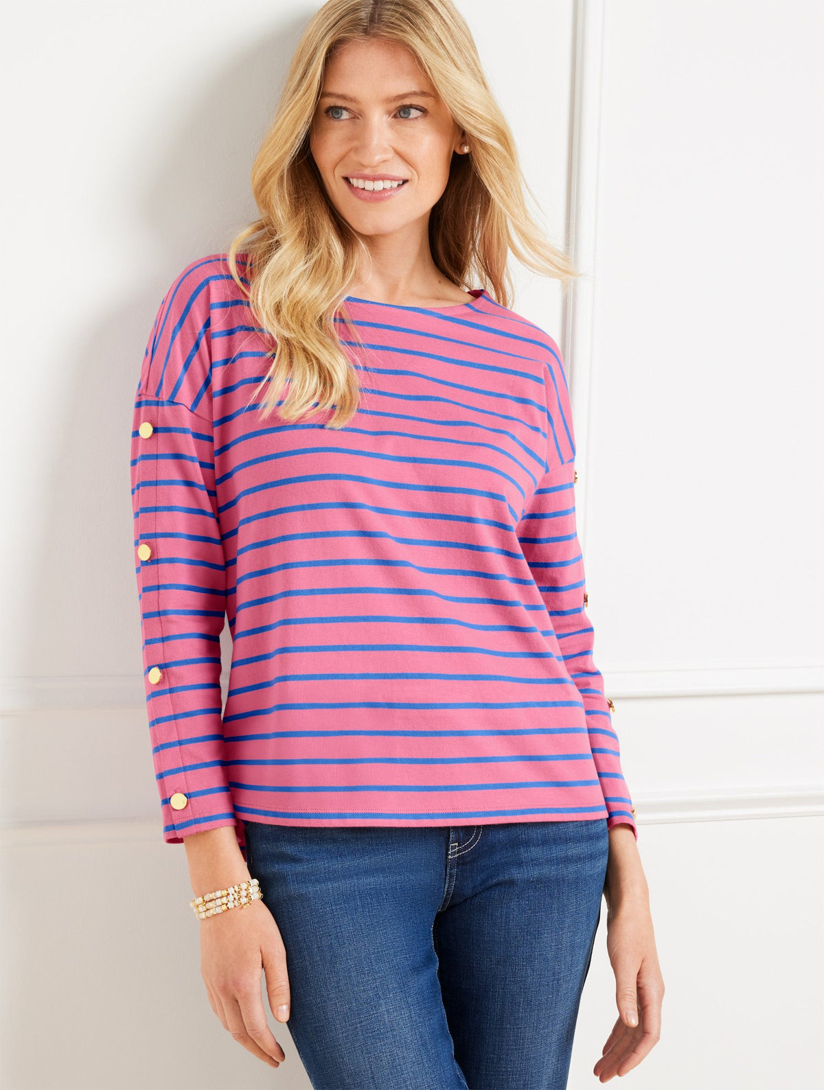 Button Sleeve Crewneck Tee - Stripe