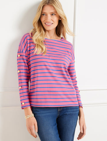 Button Sleeve Crewneck Tee - Stripe