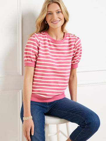 Button Shoulder Crewneck Sweatshirt - Stripe
