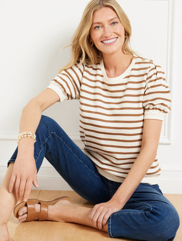 Button Shoulder Crewneck Sweatshirt - Stripe