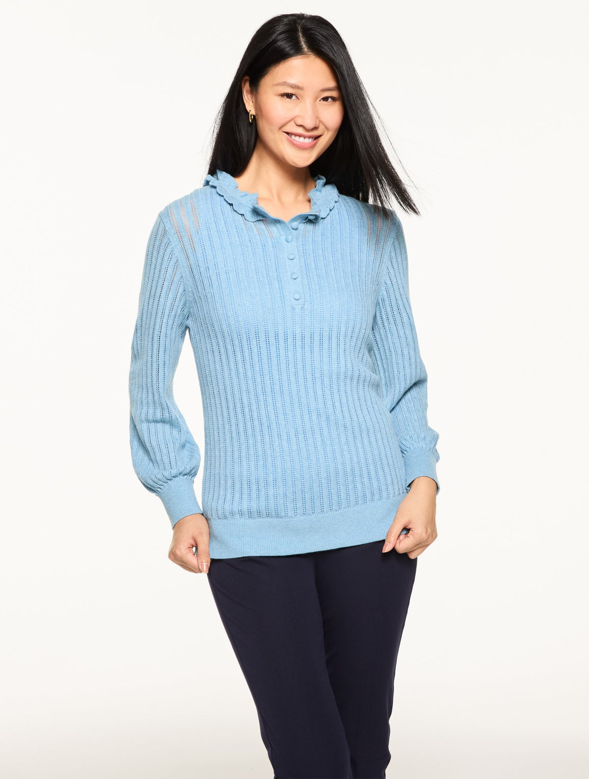 Ruffle Neck Henley Pullover