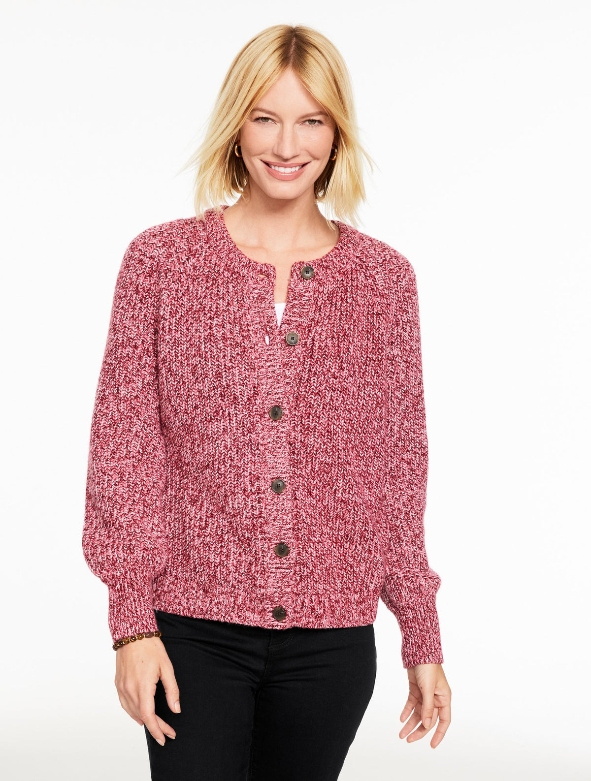 Shaker Stitch Crewneck Cardigan - Marled