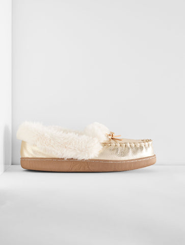 Cleo Metallic Pebble Leather Faux Fur Moccasins