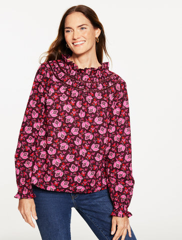 Velvet Trim Smocked Top - Luminous Floral
