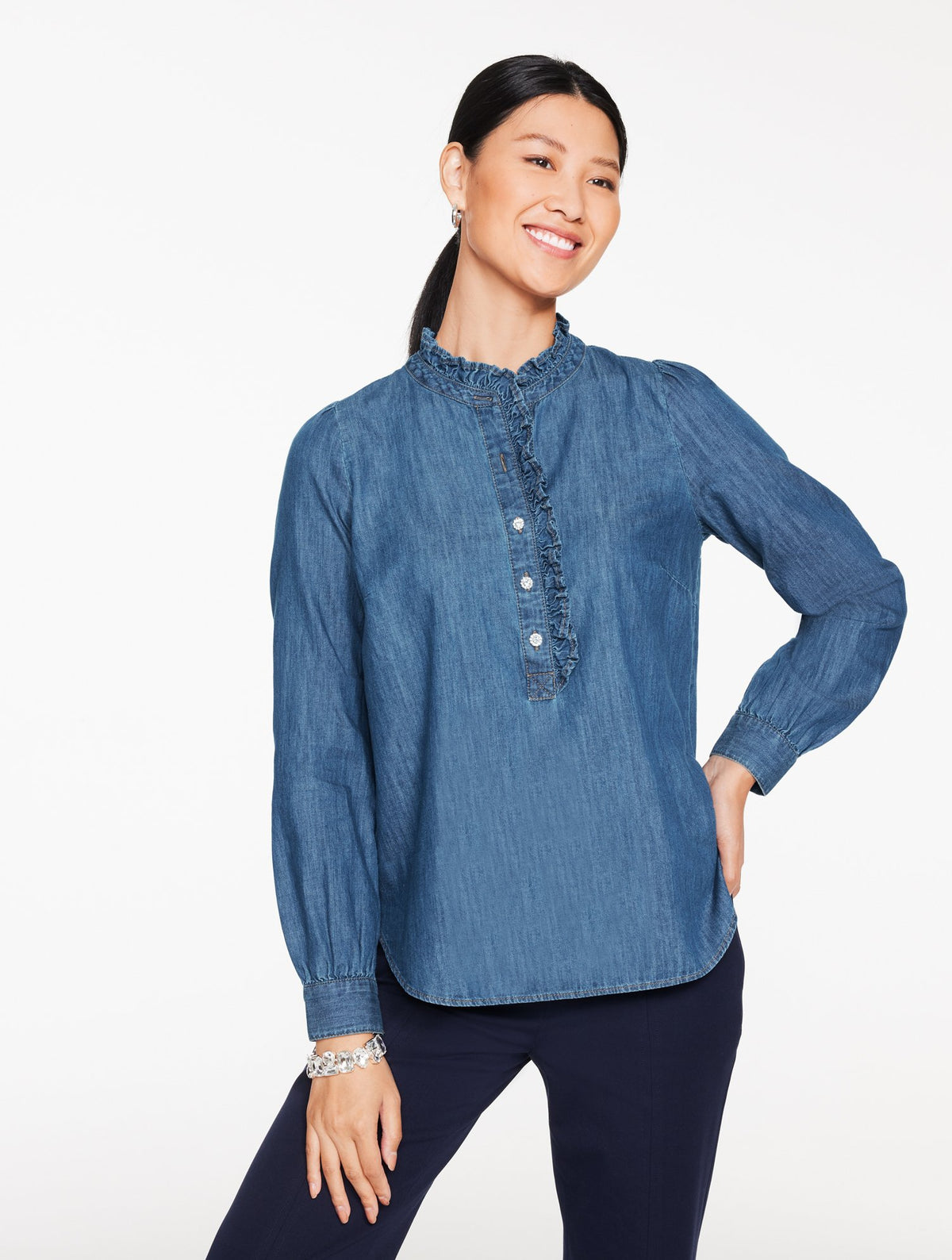 Ruffle Neck Denim Popover